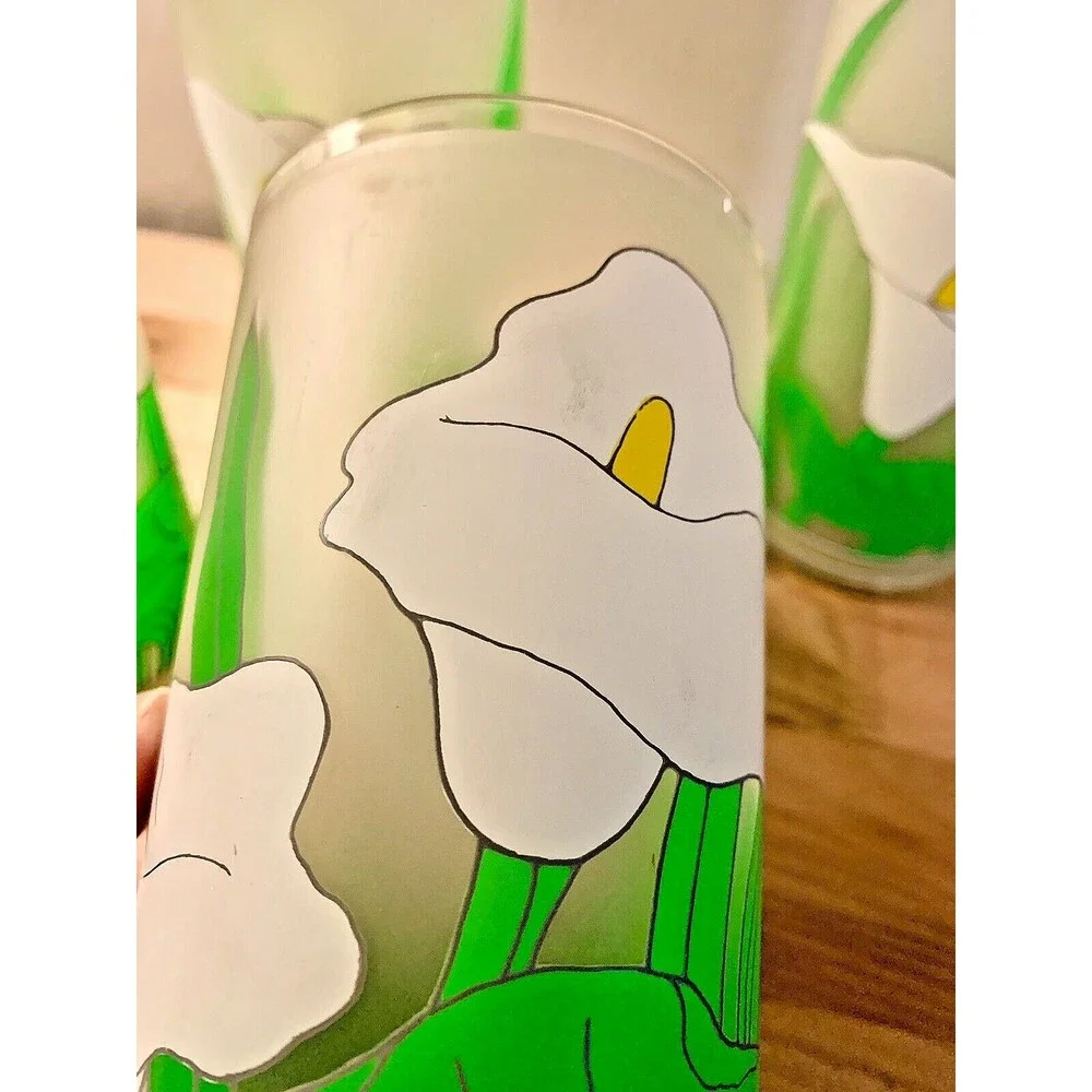 VTG Calla Lily Frosted Tumblers 4 Set 1980s Splash Ware Acrylic Cups 16 oz Retro